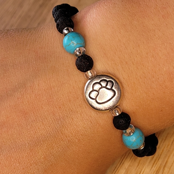 🖤3/$50 Silver Plated Paw Print Agate Stone Lava Bead Handmade Bracelet - Picture 4 of 7